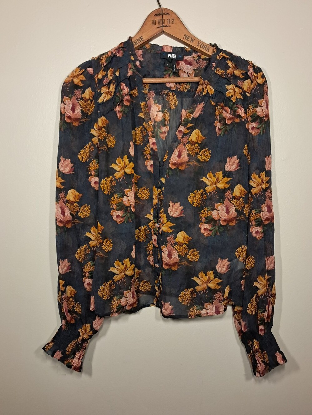 PAIGE Navy Floral Button-Front Long-Sleeve Silk Blouse
